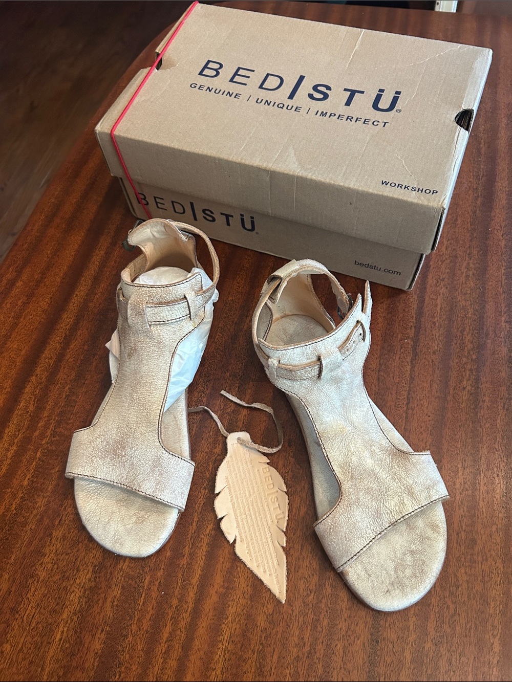 BED|STU size 7/ 38 white distressed T-Strap Leather Sandals. Side buckle